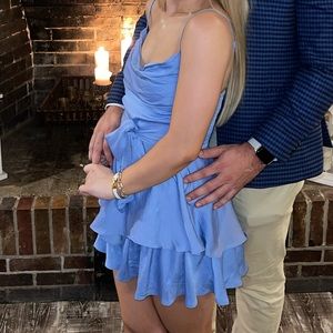 Super flattering blue romper for sale! Worn once for a rehearsal dinner.
